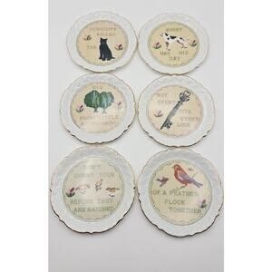 VTG Ardalt Golden Rule Virtues Set of Six Needlepoint 1950's Japan Plates